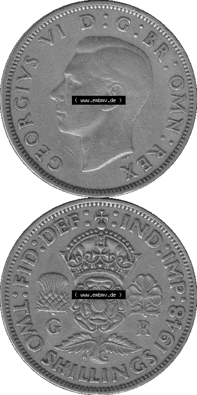 Alte Münze Großbritannien, Bild in s/w bzw. Graustufen PNG-Grafik, Umlaufmünze aus dem Zeitraum 1947-1948, 2 Schilling-Florin,... Sammlung