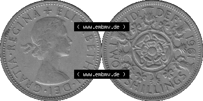 Alte Münze Großbritannien, Bild in s/w bzw. Graustufen PNG-Grafik, Umlaufmünze aus dem Zeitraum 1954-1970, 2 Schilling-Florin,... Sammlung