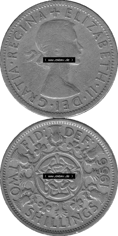 Alte Münze Großbritannien, Bild in s/w bzw. Graustufen PNG-Grafik, Umlaufmünze aus dem Zeitraum 1954-1970, 2 Schilling-Florin,... Sammlung