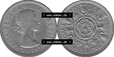 Alte Münze Großbritannien, Bild in s/w bzw. Graustufen PNG-Grafik, Umlaufmünze aus dem Zeitraum 1954-1970, 2 Schilling-Florin,... Sammlung