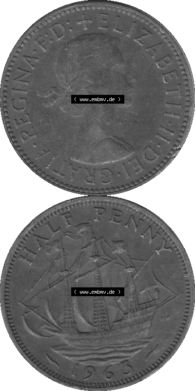 Großbritannien Umlaufmünze Half Penny, 1/2 Pence 1954-1970, Half Penny, Halber Pence 1963 (Stück 1), Elisabeth II. - Schriftzug... Sammlung