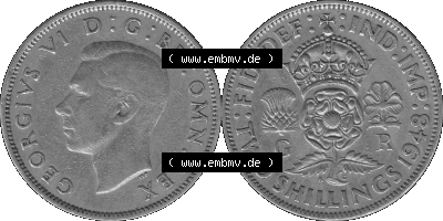 Alte Münze Großbritannien, Bild in s/w bzw. Graustufen PNG-Grafik, Umlaufmünze aus dem Zeitraum 1947-1948, 2 Schilling-Florin,... Sammlung