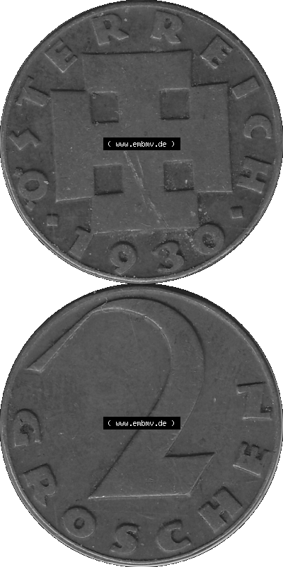 2 / Zwei Groschen Österreich in s/w Schwarzweiß bzw. Graustufen Farbgebung von Scanner transparenten PNG 1925-1938, 2 Zwei Groschen,... Sammlung