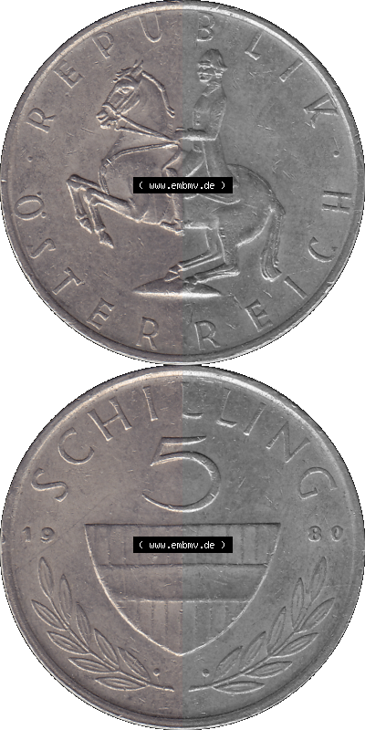 5 / Fünf Schilling Österreich in original Farbgebung von Scanner transparenten PNG 1968-2001, 5 Schilling 1980 (Stück 1), Reiter... Sammlung