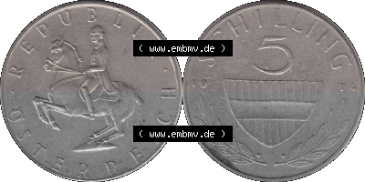 5 / Fünf Schilling Österreich in original Farbgebung von Scanner transparenten PNG 1968-2001, 5 Schilling 1974 (Stück 2), Reiter... Sammlung