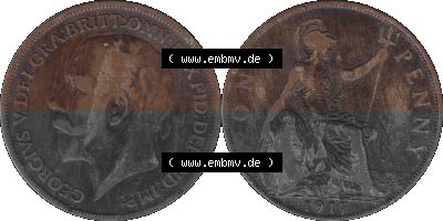 Großbritannien Umlaufmünze One Penny, 1 Pence 1911-1926, 1 One Penny, 1917 (Stück 1), George V, B.M. GEORGIVS V DEI GRABRITTOMNREX... Sammlung