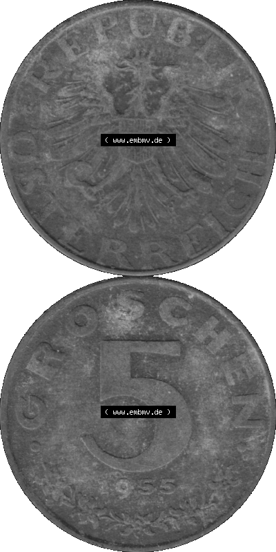 Österreich 5 / Fünf Groschen in s/w / grau / Graustufen 1948-1994, 5 Groschen 1955 (Stück 1) Graustufen Sammlung