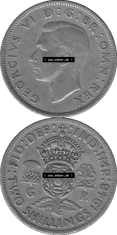 Alte Münze Großbritannien, Bild in s/w bzw. Graustufen PNG-Grafik, Umlaufmünze aus dem Zeitraum 1947-1948, 2 Schilling-Florin,... Sammlung