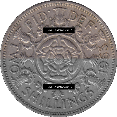 Alte Münze Großbritannien, Bild in Farbe bzw. Color PNG-Grafik, Umlaufmünze aus dem Zeitraum 1954-1970, 2 Schilling-Florin,... Sammlung