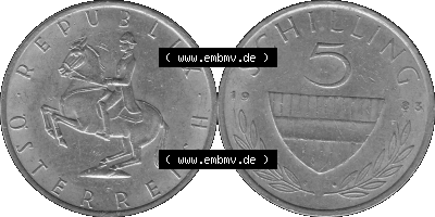 5 / Fünf Schilling Österreich in s/w Schwarzweiß bzw. Graustufen Farbgebung von Scanner transparenten PNG 1968-2001, 5 Schilling... Sammlung