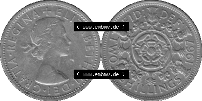 Alte Münze Großbritannien, Bild in s/w bzw. Graustufen PNG-Grafik, Umlaufmünze aus dem Zeitraum 1954-1970, 2 Schilling-Florin,... Sammlung