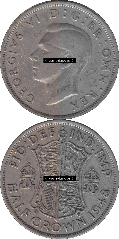 Alte Münze Großbritannien, Bild in Farbe bzw. Color PNG-Grafik 1947-1948, Halbe - 1/2 Krone, Half Crown 1948 (Stück 1), George... Sammlung