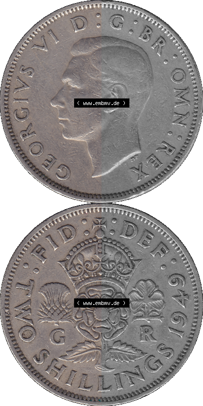 Alte Münze Großbritannien, Bild in Farbe bzw. Color PNG-Grafik, Umlaufmünze aus dem Zeitraum 1949-1951, 2 Schilling-Florin,... Sammlung