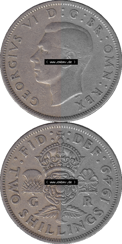 Alte Münze Großbritannien, Bild in Farbe bzw. Color PNG-Grafik, Umlaufmünze aus dem Zeitraum 1949-1951, 2 Schilling-Florin,... Sammlung