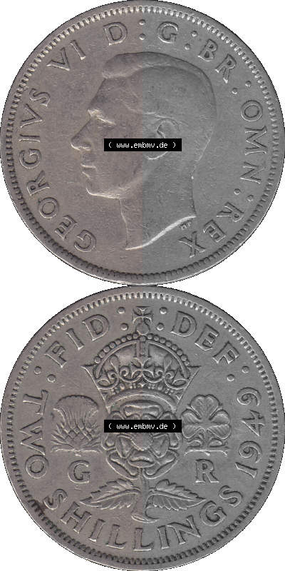 Alte Münze Großbritannien, Bild in Farbe bzw. Color PNG-Grafik, Umlaufmünze aus dem Zeitraum 1949-1951, 2 Schilling-Florin,... Sammlung