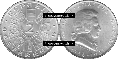 Österreich 1931-1931, 2 Schilling 1931 (Stück 1), Silbermünze Wolfgang Amadeus Mozart Graustufen Sammlung
