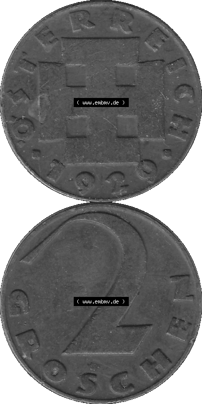 2 / Zwei Groschen Österreich in s/w Schwarzweiß bzw. Graustufen Farbgebung von Scanner transparenten PNG 1925-1938, 2 Zwei Groschen,... Sammlung