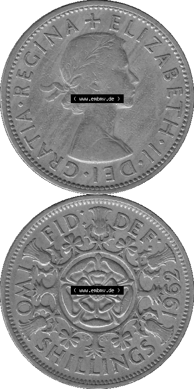 Alte Münze Großbritannien, Bild in s/w bzw. Graustufen PNG-Grafik, Umlaufmünze aus dem Zeitraum 1954-1970, 2 Schilling-Florin,... Sammlung