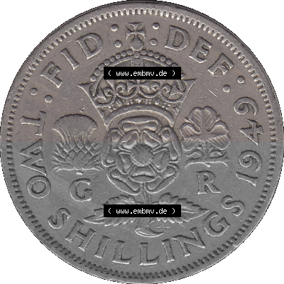 Alte Münze Großbritannien, Bild in Farbe bzw. Color PNG-Grafik, Umlaufmünze aus dem Zeitraum 1949-1951, 2 Schilling-Florin,... Sammlung