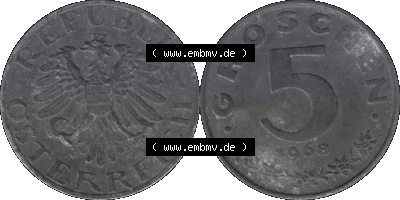 Österreich 5 / Fünf Groschen in Farbe/Color 1948-1994, 5 Groschen 1968 (Stück 2) Sammlung
