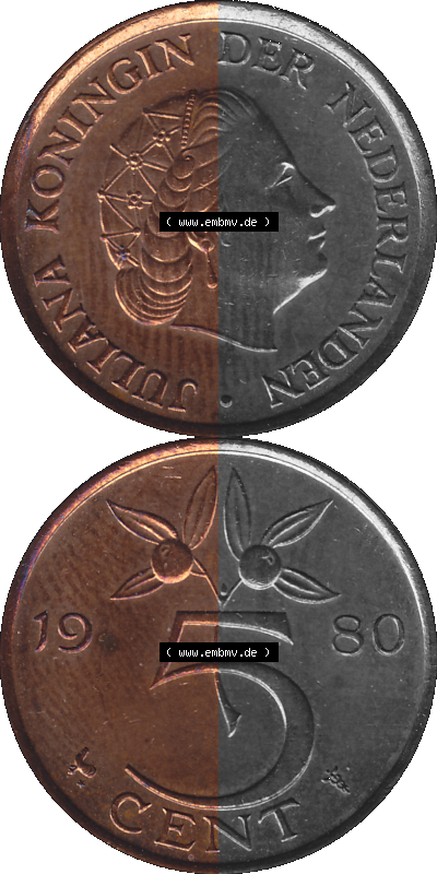 Alte Münze Niederlande in Farbe 1950-1980, 5 Cent Königin Juliana 1980, Nederland Sammlung