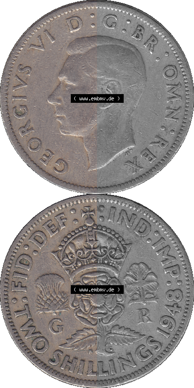 Alte Münze Großbritannien, Bild in Farbe bzw. Color PNG-Grafik, Umlaufmünze aus dem Zeitraum 1947-1948, 2 Schilling-Florin,... Sammlung