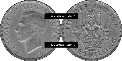 Alte Münze Großbritannien, Bild in s/w bzw. Graustufen PNG-Grafik 1947-1948, 1 One Schilling - One Shilling, 1947 (Stück 1)... Sammlung