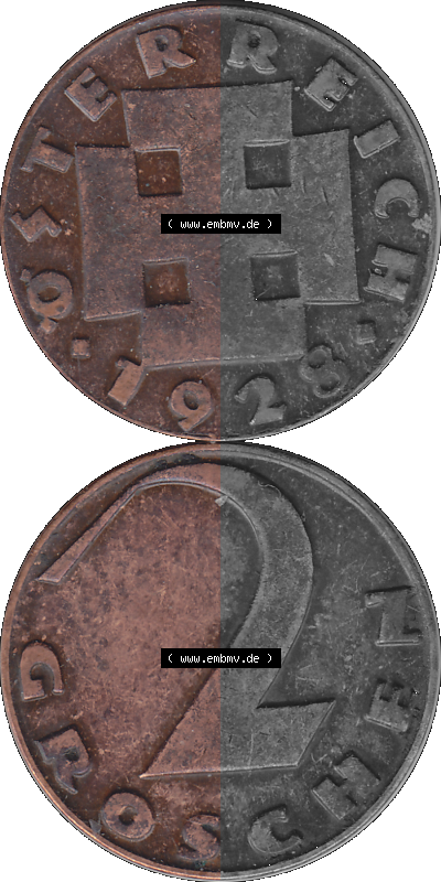 2 / Zwei Groschen Österreich in original Farbgebung von Scanner transparenten PNG 1925-1938, 2 Zwei Groschen, Krückenkreuz 1928... Sammlung