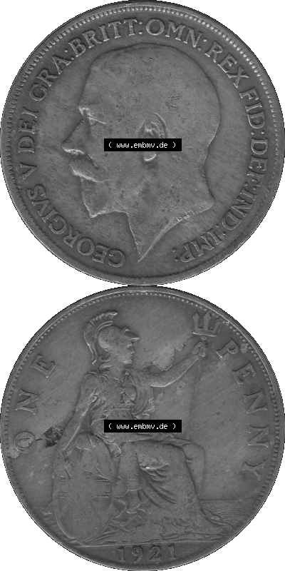 Großbritannien Umlaufmünze One Penny, 1 Pence 1911-1926, 1 One Penny, 1921 (Stück 1), George V, B.M. GEORGIVS V DEI GRABRITTOMNREX... Sammlung