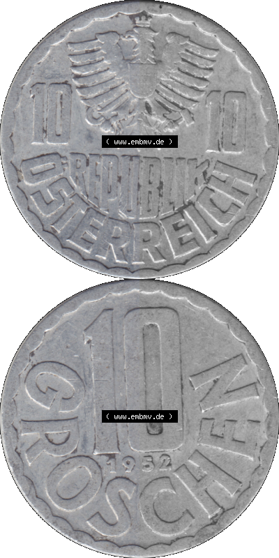 10 / Zehn Groschen Österreich in original Farbgebung von Scanner transparenten PNG 1951-2001, 10 Groschen 1952 (Stück 2) Sammlung