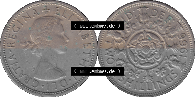 Alte Münze Großbritannien, Bild in Farbe bzw. Color PNG-Grafik, Umlaufmünze aus dem Zeitraum 1954-1970, 2 Schilling-Florin,... Sammlung