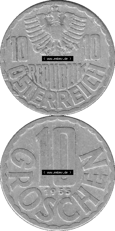 10 / Zehn Groschen Österreich in s/w Schwarzweiß bzw. Graustufen Farbgebung von Scanner transparenten PNG 1951-2001, 10 Groschen... Sammlung