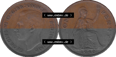 Großbritannien Umlaufmünze 1937-1948, 1 One Penny 1946 (Stück 1), George VI, GEORGIVS VI DGBROMNREX FDINDIMP. HP Sammlung