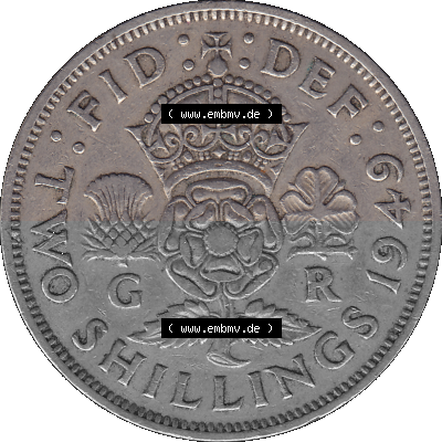 Alte Münze Großbritannien, Bild in Farbe bzw. Color PNG-Grafik, Umlaufmünze aus dem Zeitraum 1949-1951, 2 Schilling-Florin,... Sammlung