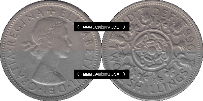 Alte Münze Großbritannien, Bild in Farbe bzw. Color PNG-Grafik, Umlaufmünze aus dem Zeitraum 1954-1970, 2 Schilling-Florin,... Sammlung