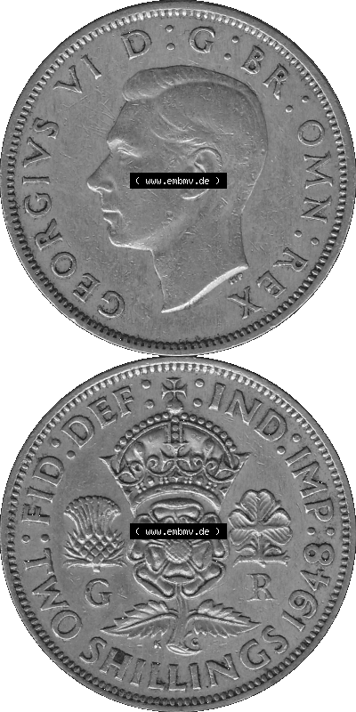 Alte Münze Großbritannien, Bild in s/w bzw. Graustufen PNG-Grafik, Umlaufmünze aus dem Zeitraum 1947-1948, 2 Schilling-Florin,... Sammlung