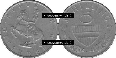 5 / Fünf Schilling Österreich in s/w Schwarzweiß bzw. Graustufen Farbgebung von Scanner transparenten PNG 1968-2001, 5 Schilling... Sammlung