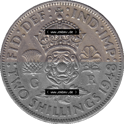 Alte Münze Großbritannien, Bild in Farbe bzw. Color PNG-Grafik, Umlaufmünze aus dem Zeitraum 1947-1948, 2 Schilling-Florin,... Sammlung