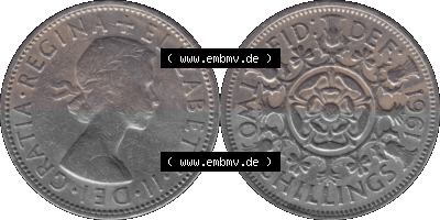 Alte Münze Großbritannien, Bild in Farbe bzw. Color PNG-Grafik, Umlaufmünze aus dem Zeitraum 1954-1970, 2 Schilling-Florin,... Sammlung