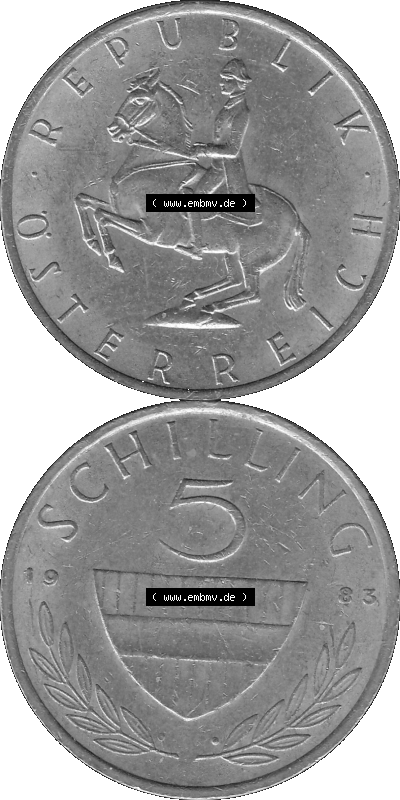 5 / Fünf Schilling Österreich in s/w Schwarzweiß bzw. Graustufen Farbgebung von Scanner transparenten PNG 1968-2001, 5 Schilling... Sammlung
