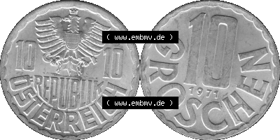 10 / Zehn Groschen Österreich in s/w Schwarzweiß bzw. Graustufen Farbgebung von Scanner transparenten PNG 1951-2001, 10 Groschen... Sammlung