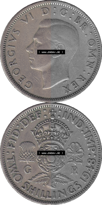 Alte Münze Großbritannien, Bild in Farbe bzw. Color PNG-Grafik, Umlaufmünze aus dem Zeitraum 1947-1948, 2 Schilling-Florin,... Sammlung