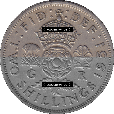 Alte Münze Großbritannien, Bild in Farbe bzw. Color PNG-Grafik, Umlaufmünze aus dem Zeitraum 1949-1951, 2 Schilling-Florin,... Sammlung