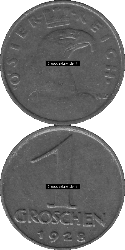 1 / Ein Groschen Österreich in s/w Schwarzweiß bzw. Graustufen Farbgebung von Scanner transparenten PNG 1925-1938, 1-Ein Groschen,... Sammlung