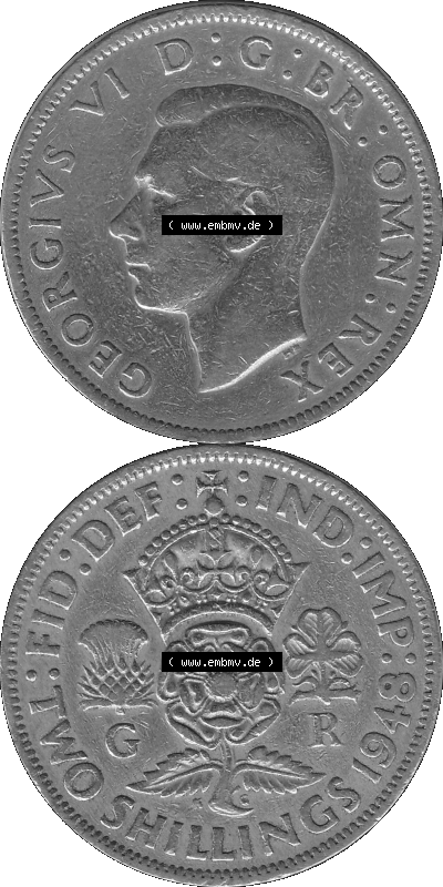 Alte Münze Großbritannien, Bild in s/w bzw. Graustufen PNG-Grafik, Umlaufmünze aus dem Zeitraum 1947-1948, 2 Schilling-Florin,... Sammlung