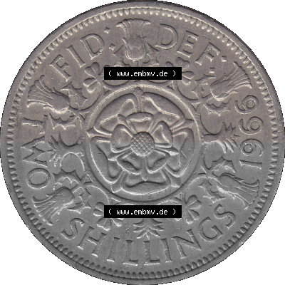 Alte Münze Großbritannien, Bild in Farbe bzw. Color PNG-Grafik, Umlaufmünze aus dem Zeitraum 1954-1970, 2 Schilling-Florin,... Sammlung