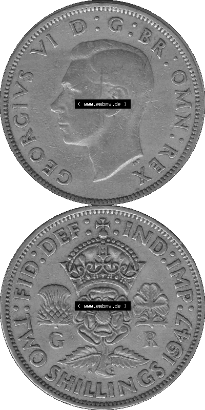Alte Münze Großbritannien, Bild in s/w bzw. Graustufen PNG-Grafik, Umlaufmünze aus dem Zeitraum 1947-1948, 2 Schilling-Florin,... Sammlung