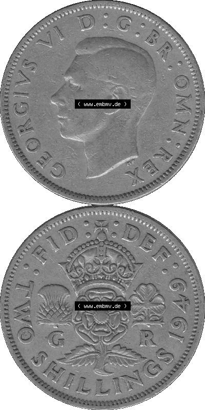 Alte Münze Großbritannien, Bild in s/w bzw. Graustufen PNG-Grafik, Umlaufmünze aus dem Zeitraum 1949-1951, 2 Schilling-Florin,... Sammlung