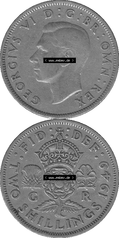 Alte Münze Großbritannien, Bild in s/w bzw. Graustufen PNG-Grafik, Umlaufmünze aus dem Zeitraum 1949-1951, 2 Schilling-Florin,... Sammlung