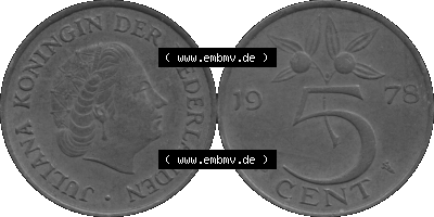 Alte Münze Niederlande in Grau 1950-1980, 5 Cent Königin Juliana 1978 (Stück 1) Graustufen, Nederland Sammlung